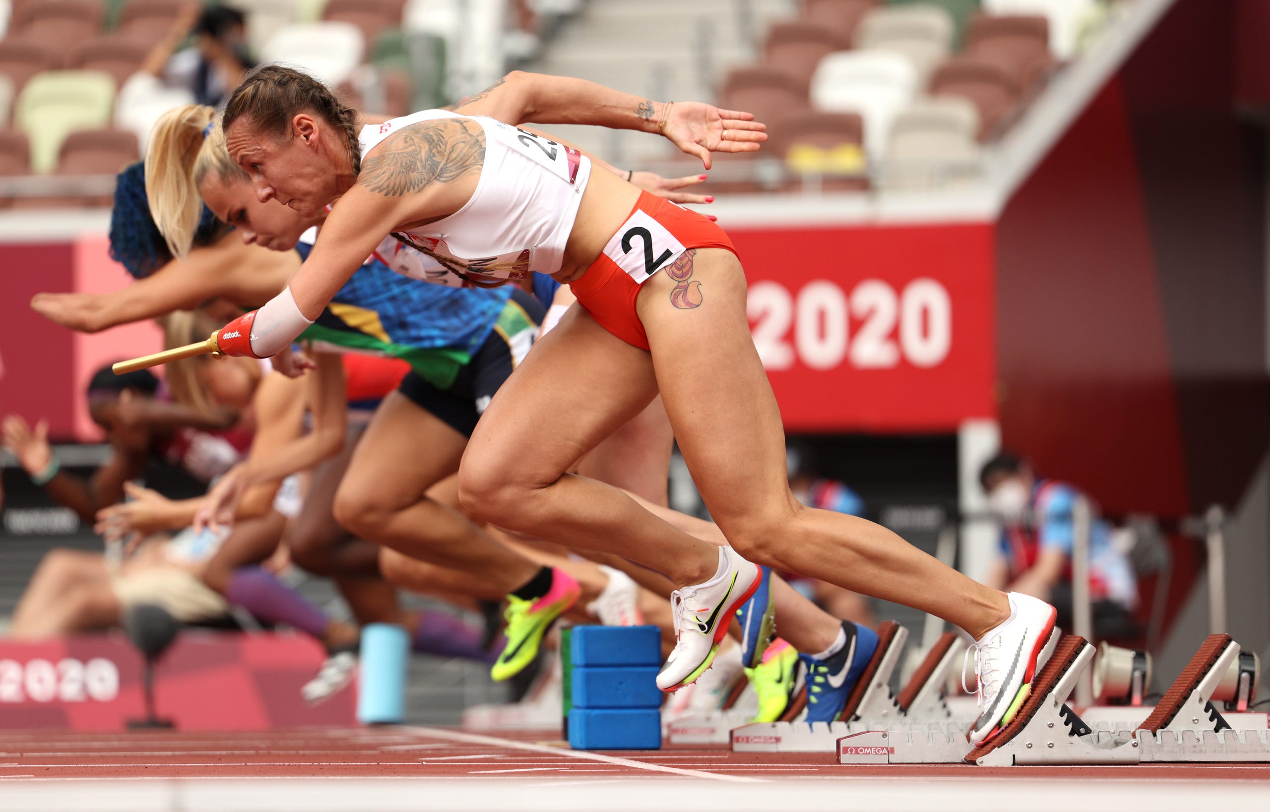 Aug. 31, 2021: Alicja Jeromin of Team Poland starts  during Heat 2 of the women's 100-meter dash.