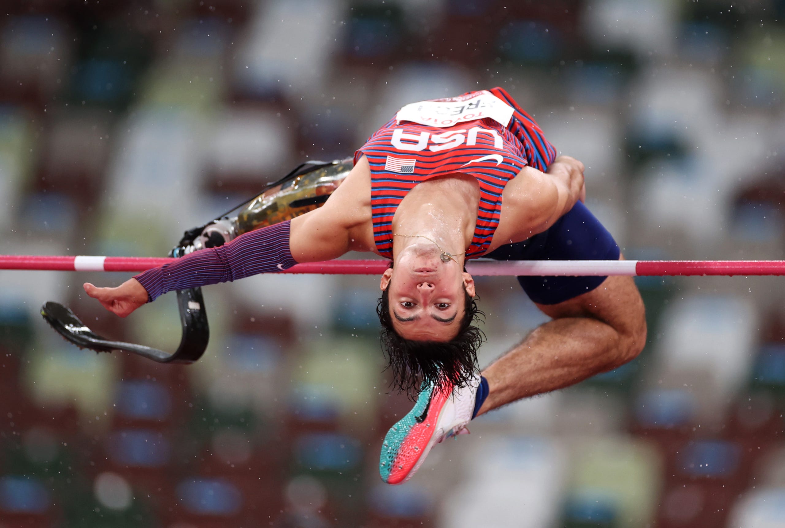 August 31, 2021: Ezra Frech of Team United States competes in the Men's High Jump T42 on day 7 of the Tokyo 2020 Paralympic Games at Olympic Stadium in Tokyo, Japan.