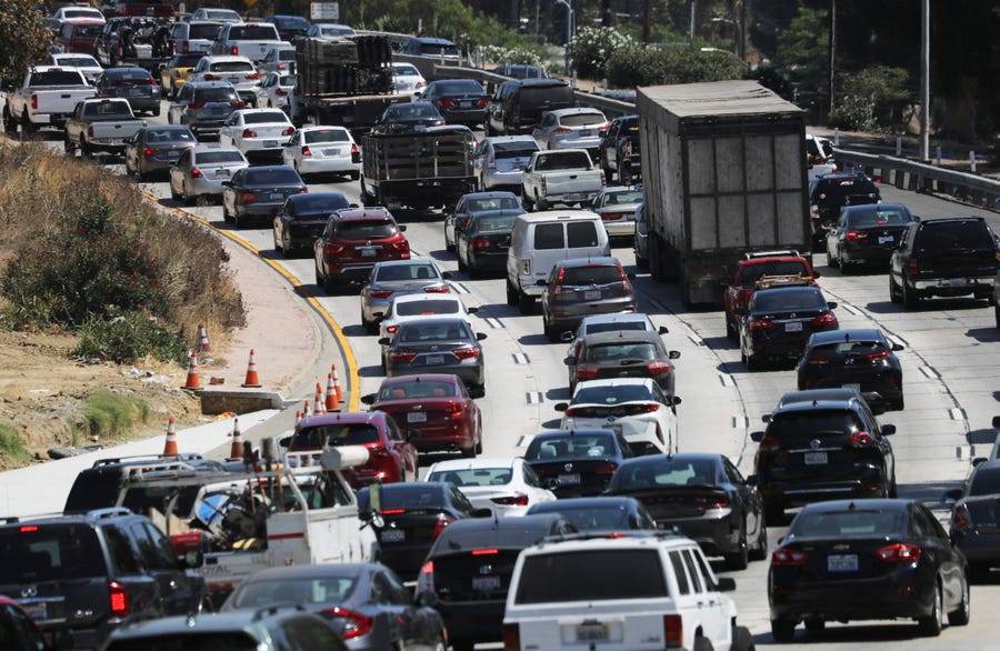 Drivers make their way on the US 101 freeway in Los Angeles on August 30, 2019, ahead of Labor Day weekend.