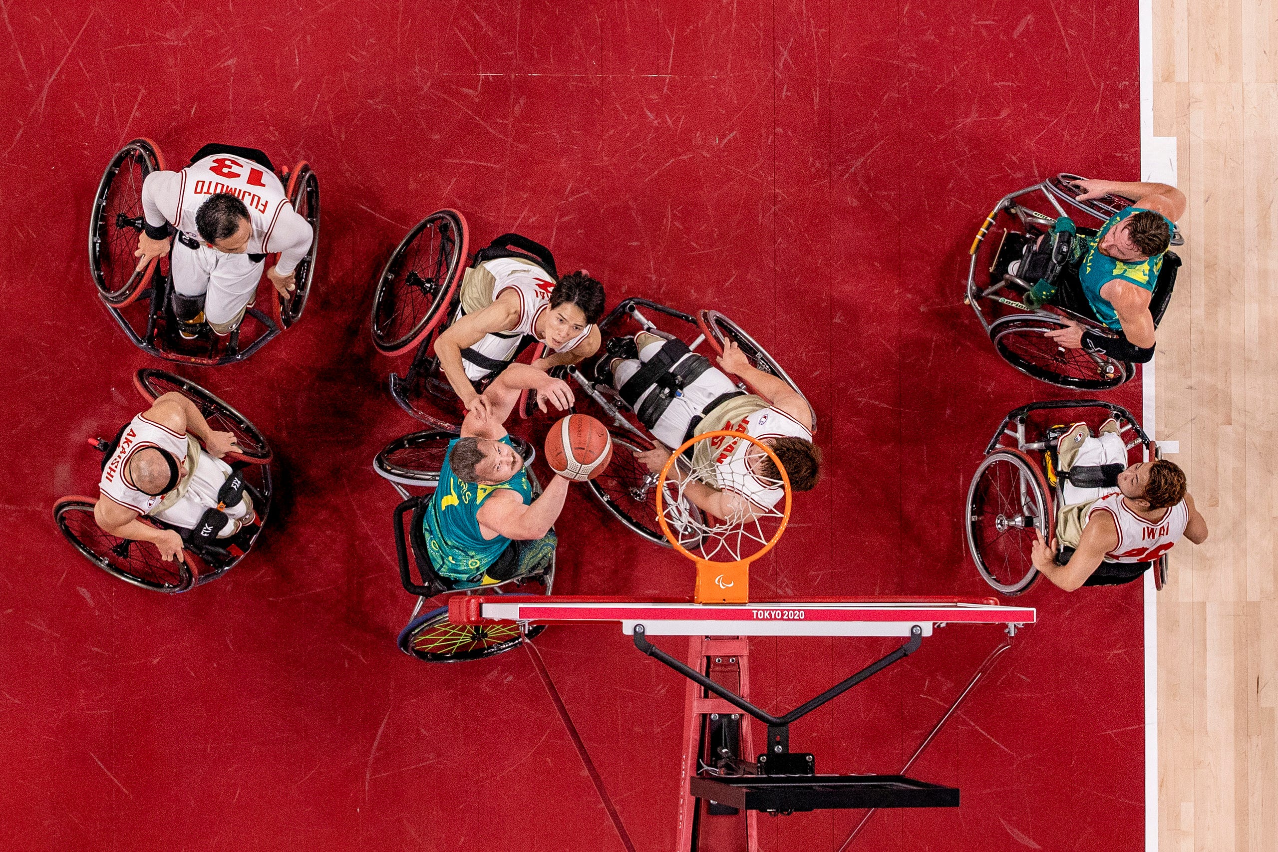 Sept. 1, 2021: Renshi Chokai # 2 of Team Japan and Shaun Norris # 7 of Team Australia fight for the ball in the men's Wheelchair Basketball quarterfinal on day 8 of the Tokyo 2020 Paralympic Games at Ariake Arena in Tokyo, Japan.