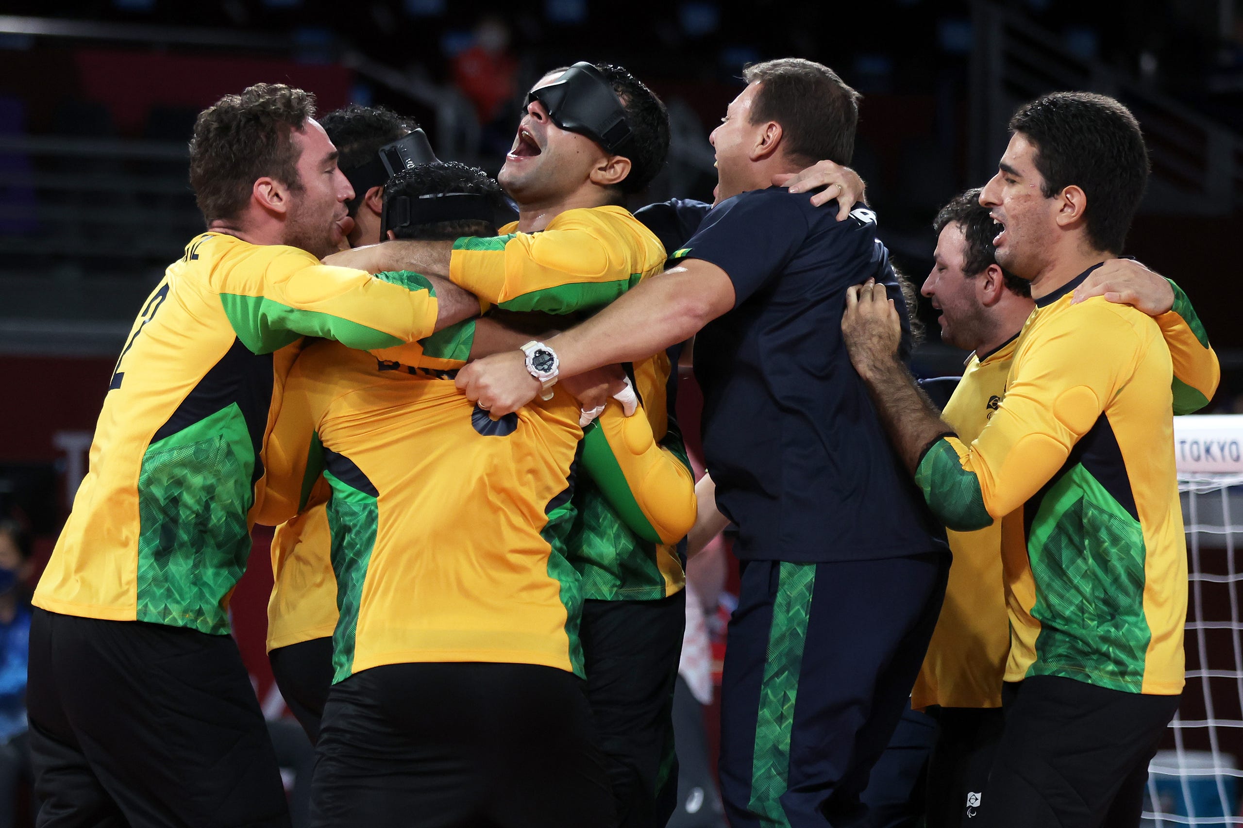 Sept. 3: Team Brazil celebrates after defeating Team China in the Goalball Men's Gold Medal match on day 10 of the Tokyo 2020 Paralympic Games at Makuhari Messe.