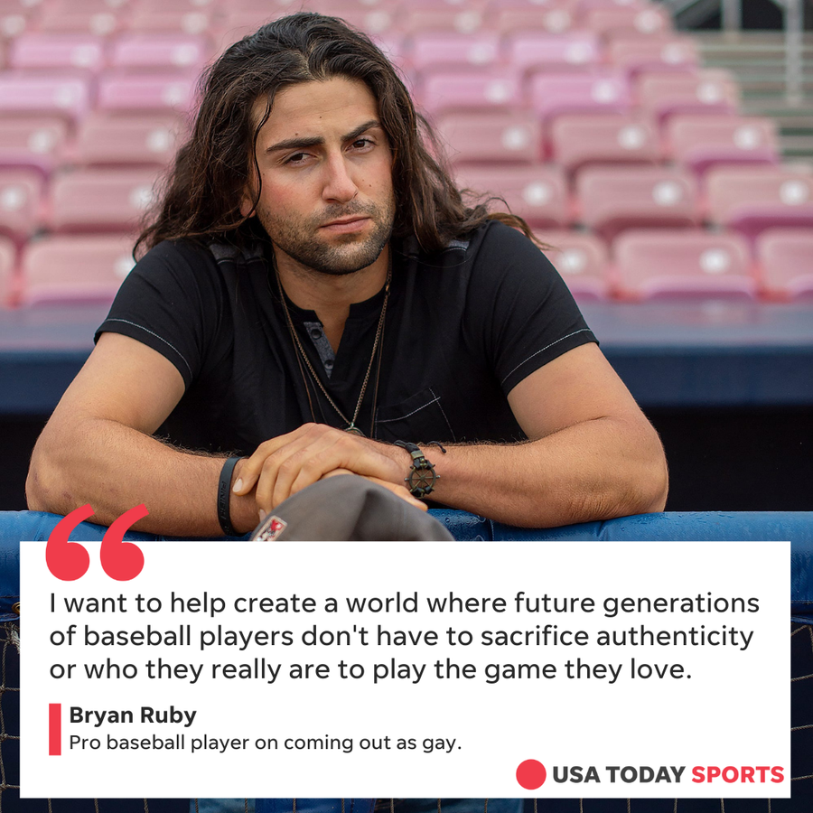 Bryan Ruby poses for a portrait at Volcanoes Stadium in Keizer, Oregon, on August 26, 2021. Bryan plays for the Salem-Keizer Volcanoes.