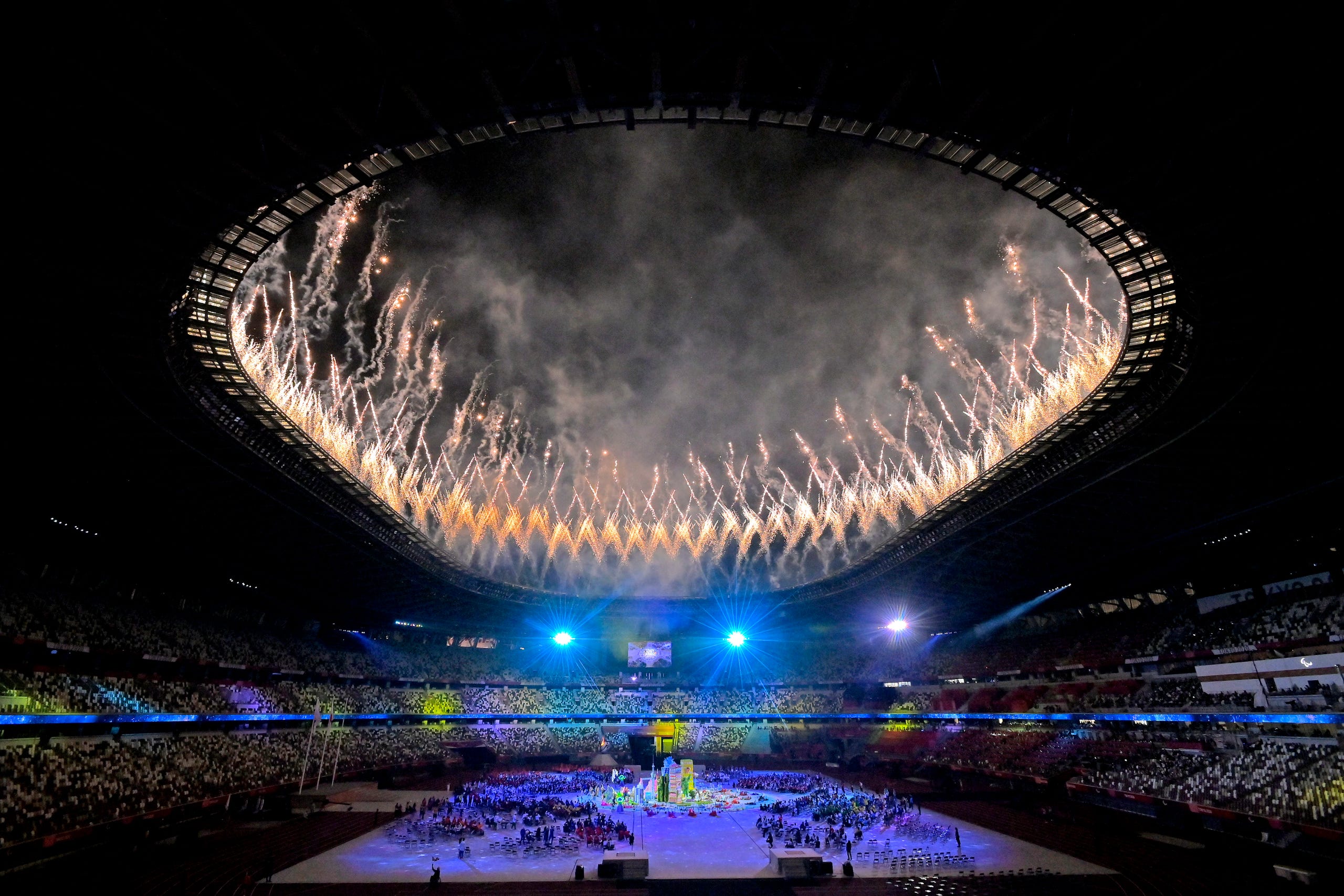 Sept. 5, 2021: Fireworks erupt above the stadium during the Closing Ceremony on day 12 of the Tokyo 2020 Paralympic Games at Olympic Stadium in Tokyo, Japan.