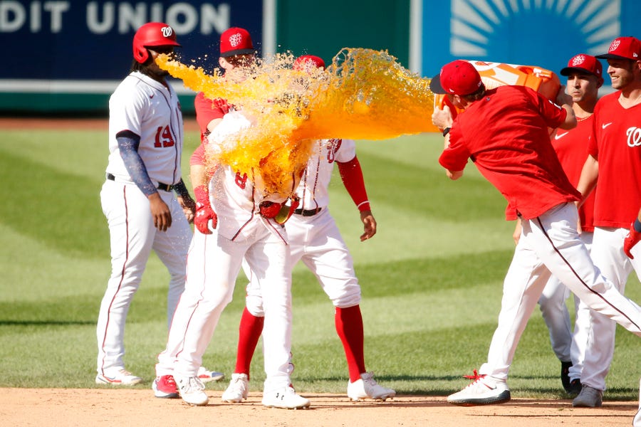 Sept 6: Carter Kieboom gets the full Gatorade bath after he chopped a three-hopper up the middle against a drawn-in infield to score the winning run in the bottom of the ninth as the Washington Nationals walked off the New York Mets.