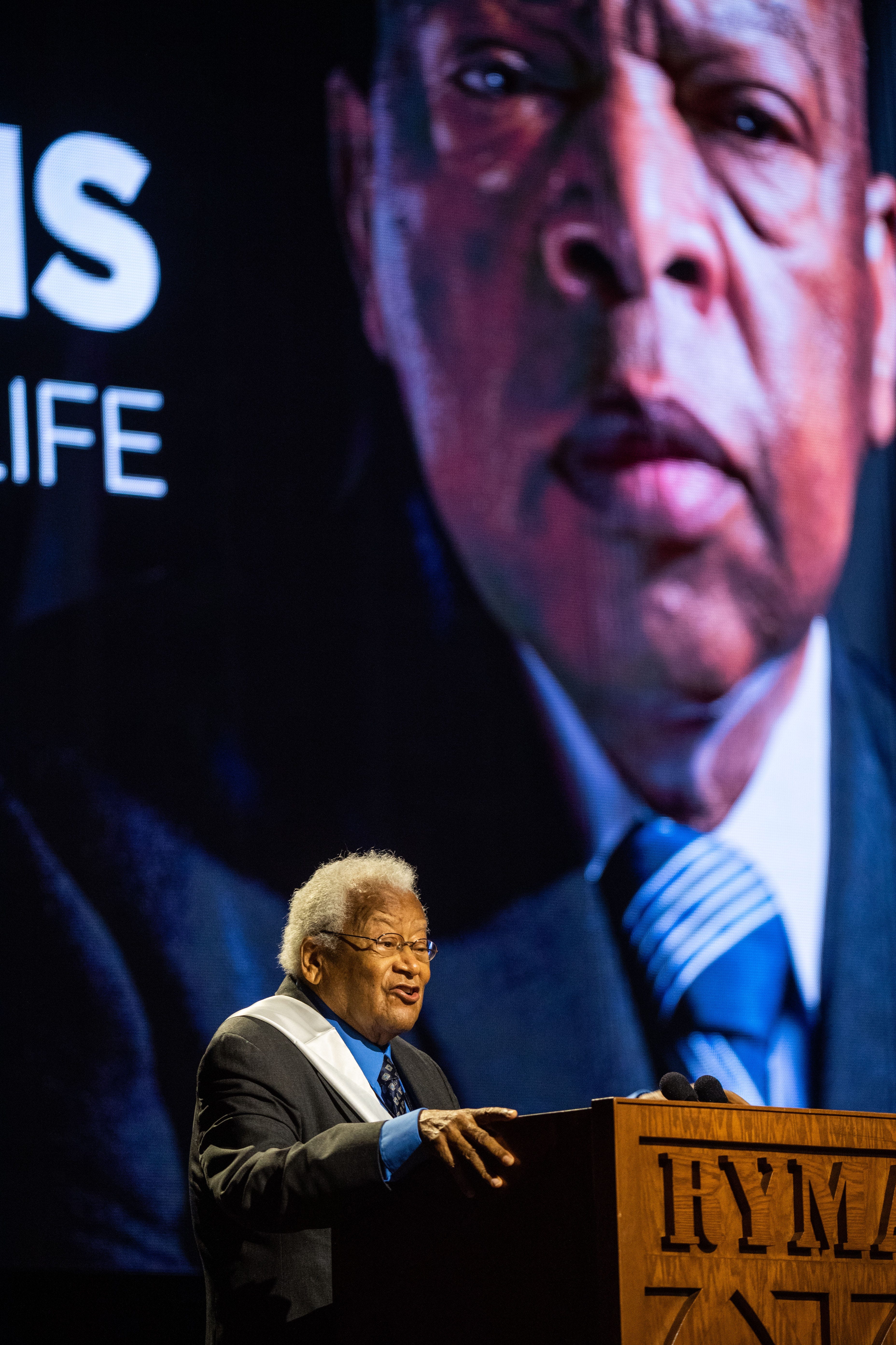 The Rev. James Lawson speaks during the Rep. John Lewis Celebration of life event at Ryman Auditorium in Nashville, Tenn., July 17, 2021, the one-year anniversary since his death.