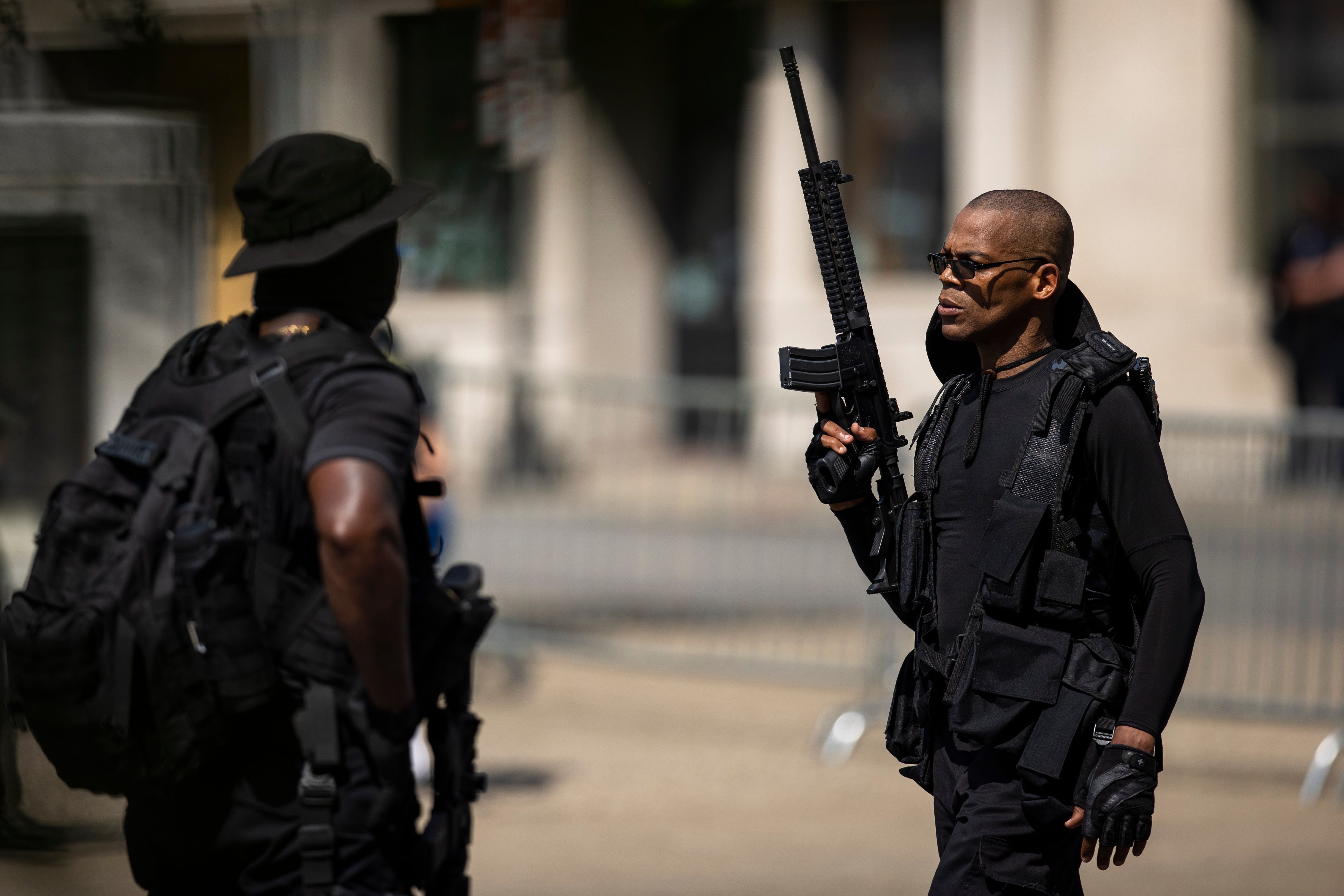 LOUISVILLE, KY - JULY 25: Grandmaster Jay leader of NFAC organizes his group to march as they finish a rally on July 25, 2020 in Louisville, Kentucky. The group is marching in response to the killing of Breonna Taylor. (Photo by Brett Carlsen/Getty Images)