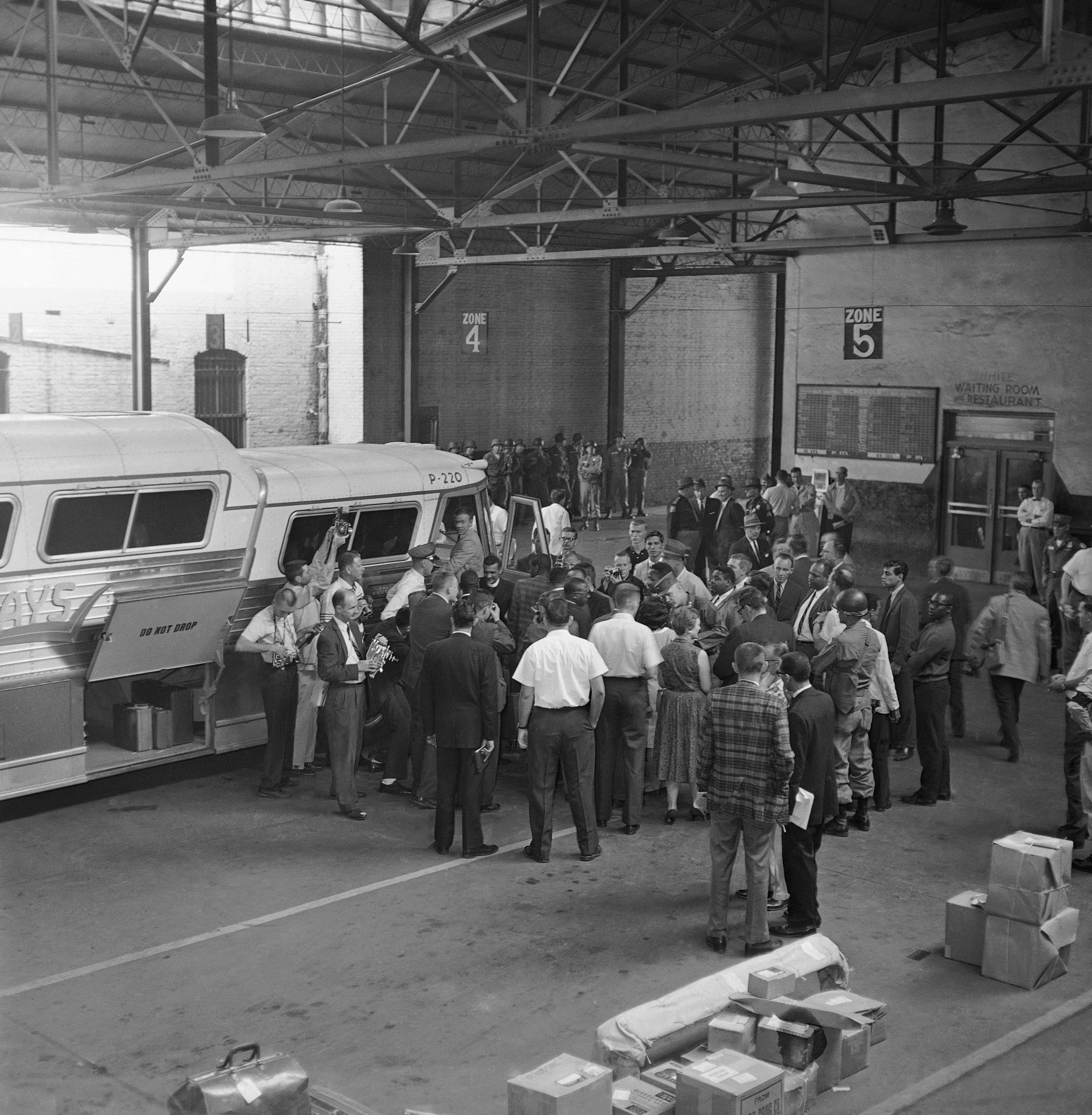 Freedom riders board a bus on May 24, 1961, in Montgomery, Alabama, to resume their ride through the South.