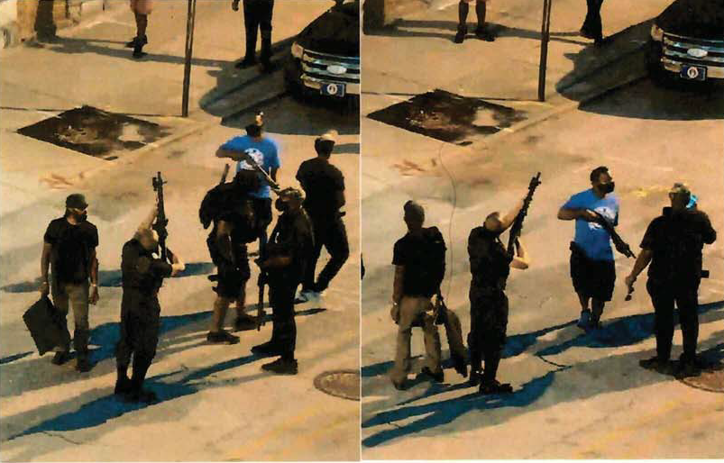 In these frame grabs from a surveillance video, a man prosecutors identify as Grandmaster Jay is seen pointing his rifle upwards on the night of Sept. 4, 2020, in Louisville, Kentucky. Prosecutors have filed the photos in court as evidence that Grandmaster Jay aimed his rifle at law enforcement officers conducting surveillance from a rooftop.