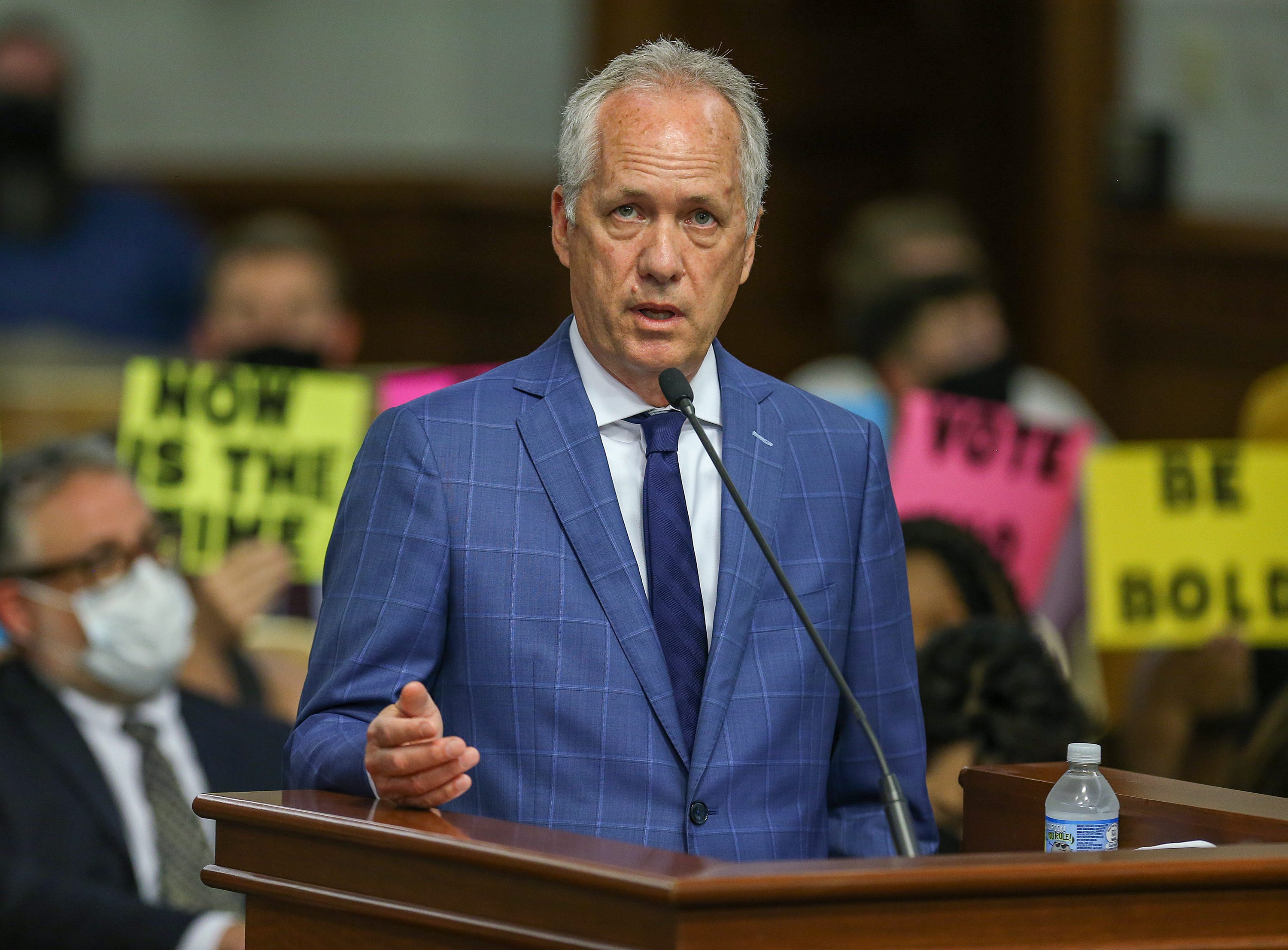 Mayor Greg Fischer speaks to the Louisville Metro Council about public safety.