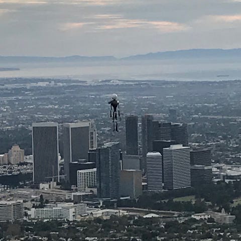 A photo of a balloon floating near Los Angeles Int