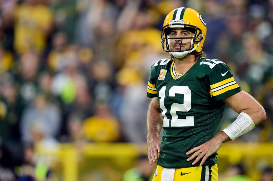 Aaron Rodgers of the Green Bay Packers threw an incomplete pass on a fourth down play during the fourth quarter against the Pittsburgh Steelers at Lambeau Field on Oct. 3 in Green Bay, Wis.