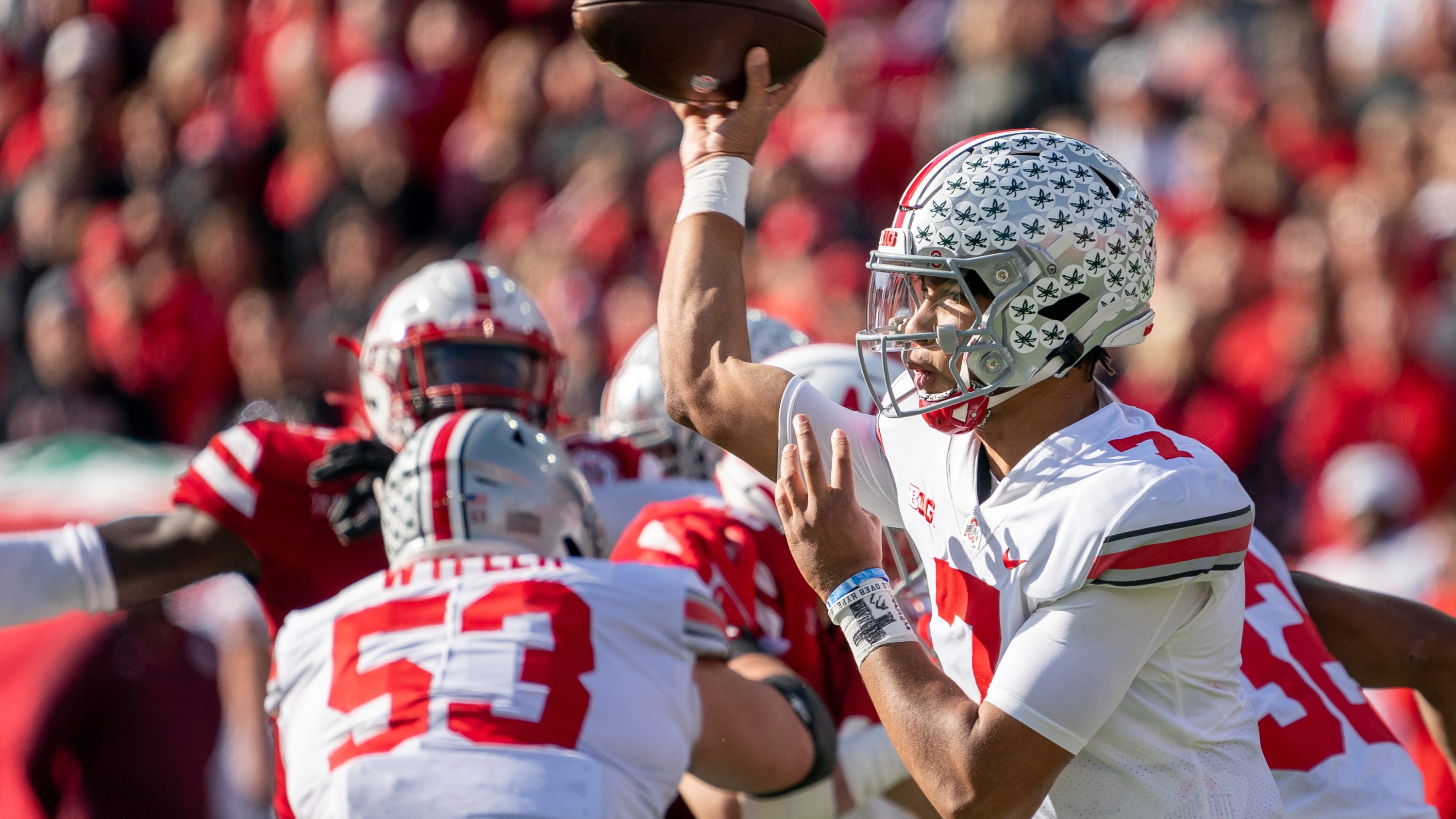 Ohio State quarterback C.J. Stroud throws a pass during the first quarter against the Nebraska Cornhuskers.