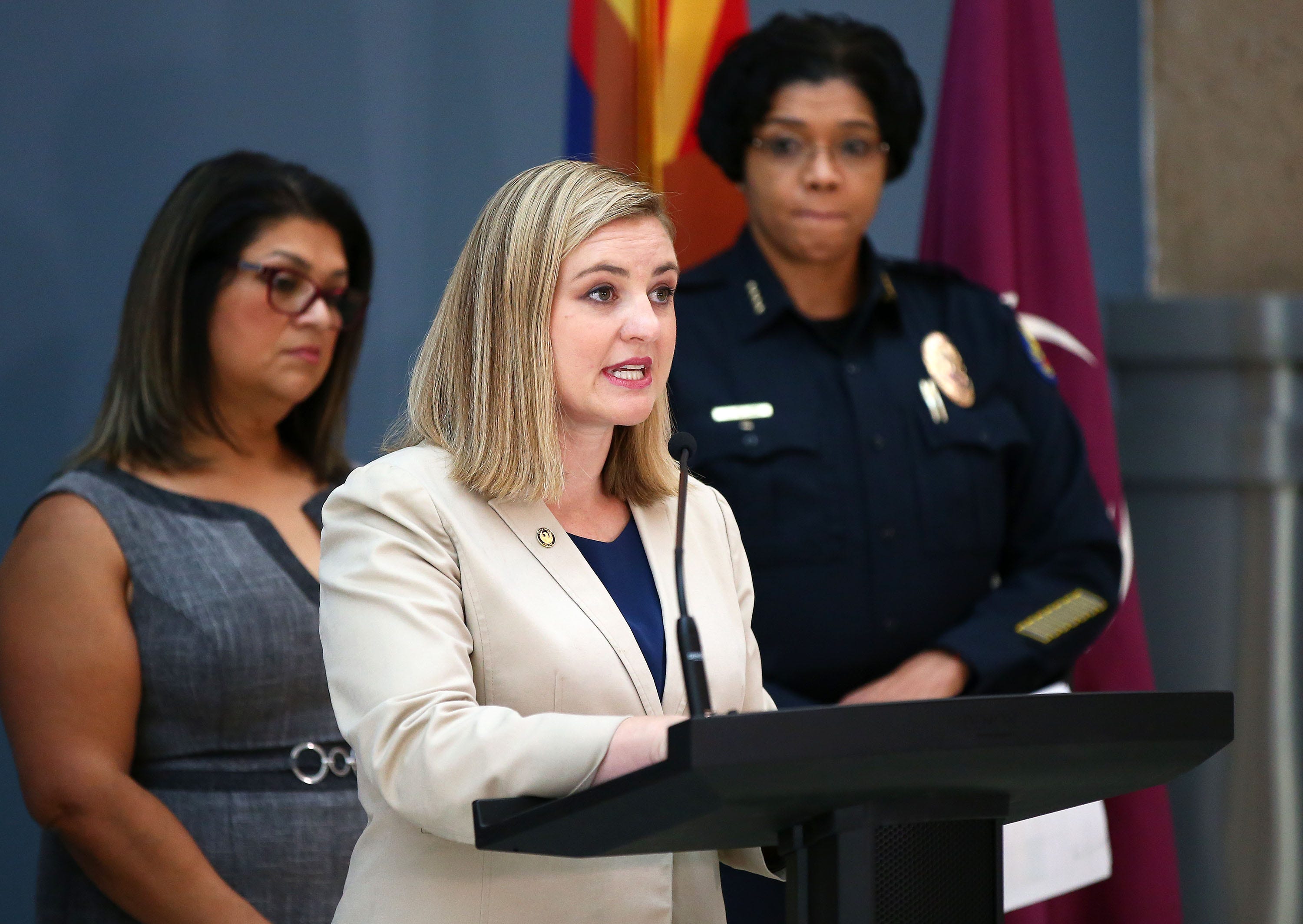 Phoenix Mayor Kate Gallego announces new policy and procedure to document when a police firearm is pointed in the direction of a person during a press conference on Aug. 19, 2019 at the Phoenix City Hall Atrium in Phoenix, Ariz.