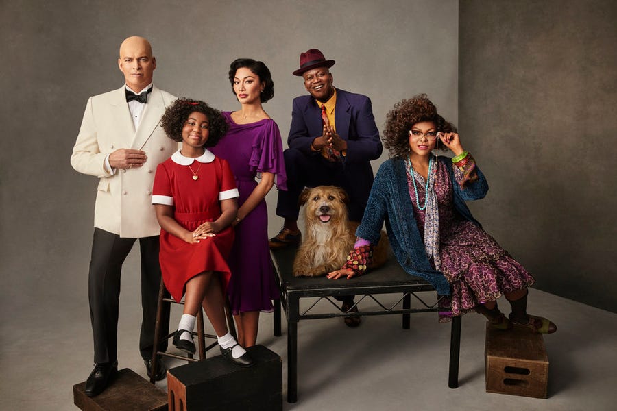 ANNIE LIVE! -- Season: 2021 -- Pictured: (l-r) Harry Connick, Jr. as Daddy Warbucks, Celina Smith as Annie, Nicole Scherzinger as Grace Farrell, Tituss Burgess as Rooster Hannigan, Sandy as Sandy the dog, Taraji P. Henson as Miss Hannigan -- (Photo by: Paul Gilmore/NBC)