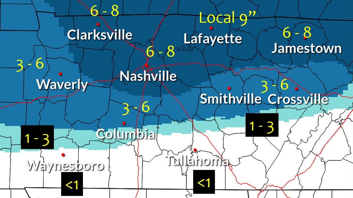 Nashville snow totals How many inches fell in Middle Tennessee