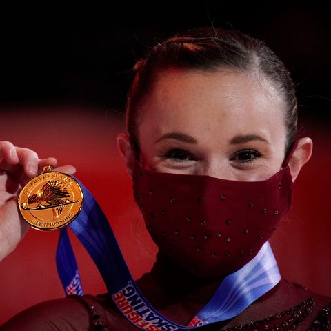 Mariah Bell celebrates her first place finish at t