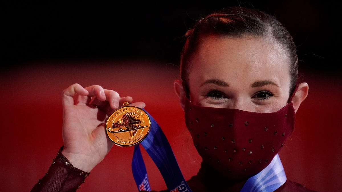 Mariah Bell celebrates her first place finish at the U.S. Figure Skating Championships.