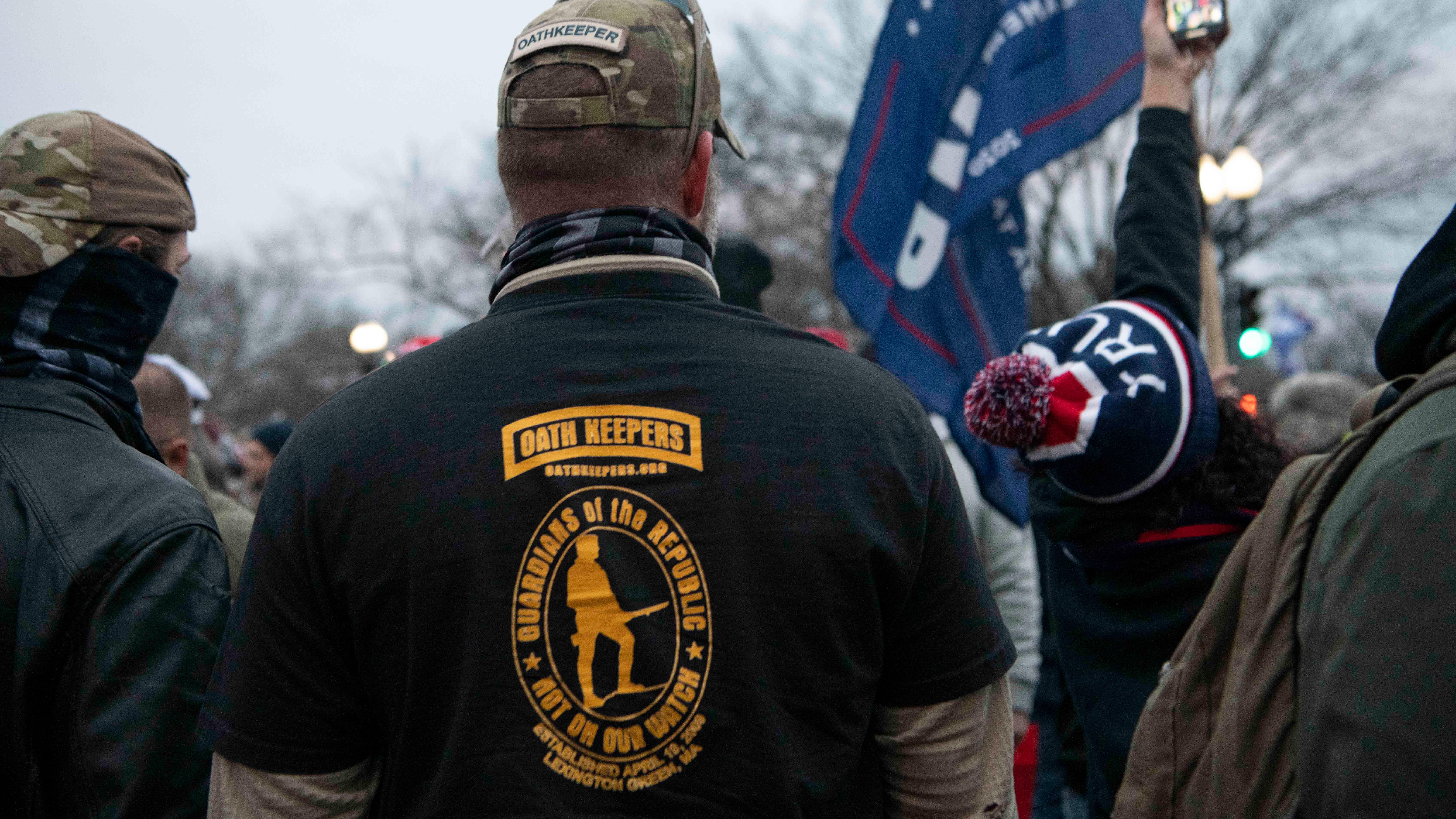 Men sporting gear identifying them as "Oath Keepers" are among the massive crowds gathering in Washington, D.C. to support outgoing President Donald Trump as the U.S. Congress meets to formally ratify Joe Biden as the winner of the 2020 Presidential election on Jan. 6, 2021.