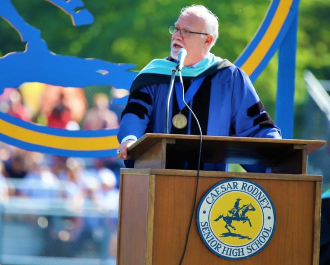 Caesar Rodney School District Superintendent Dr. Kevin Fitzgerald addresses the audience at the 2021 Caesar Rodney High School graduation.