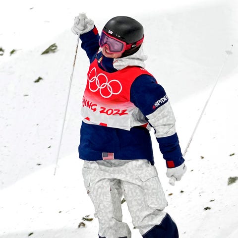 Jaelin Kauf (USA) celebrates after a run in the wo