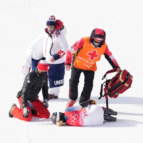 Nina O'Brien is attended to after she was injured 