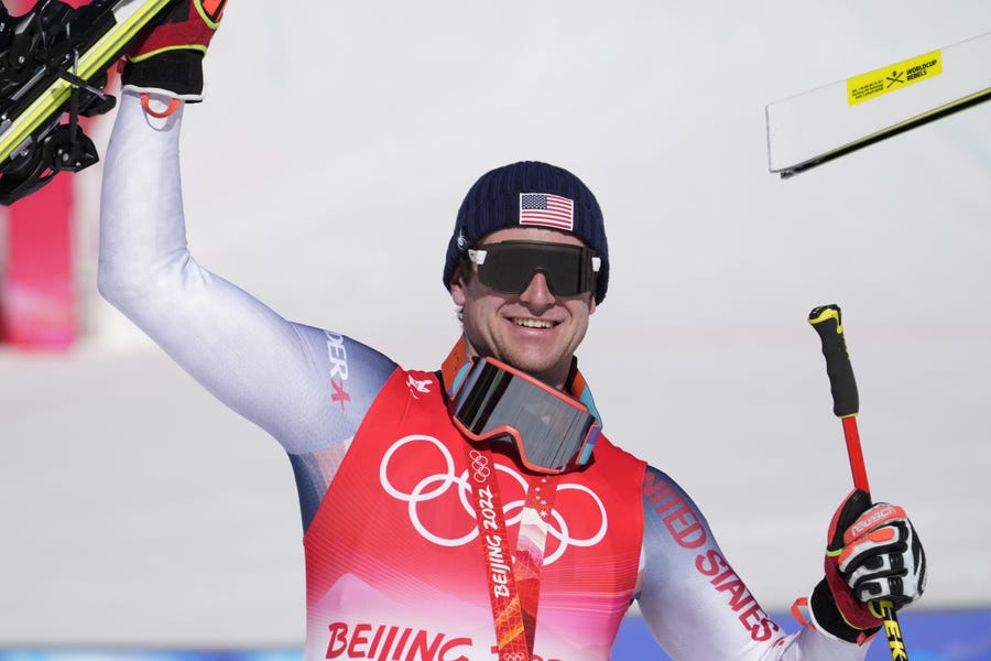 Feb 8, 2022; Yanqing, China; Silver medalist Ryan Cochran-Siegle (USA) reacts after the Alpine Skiing-Mens Super G during the Beijing 2022 Olympic Winter Games at Yanqing Alpine Skiing Centre.