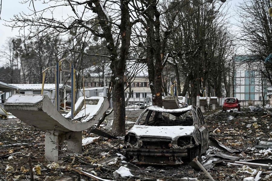 A military facility was destroyed by shelling in the city of Brovary outside Kyiv on March 1.