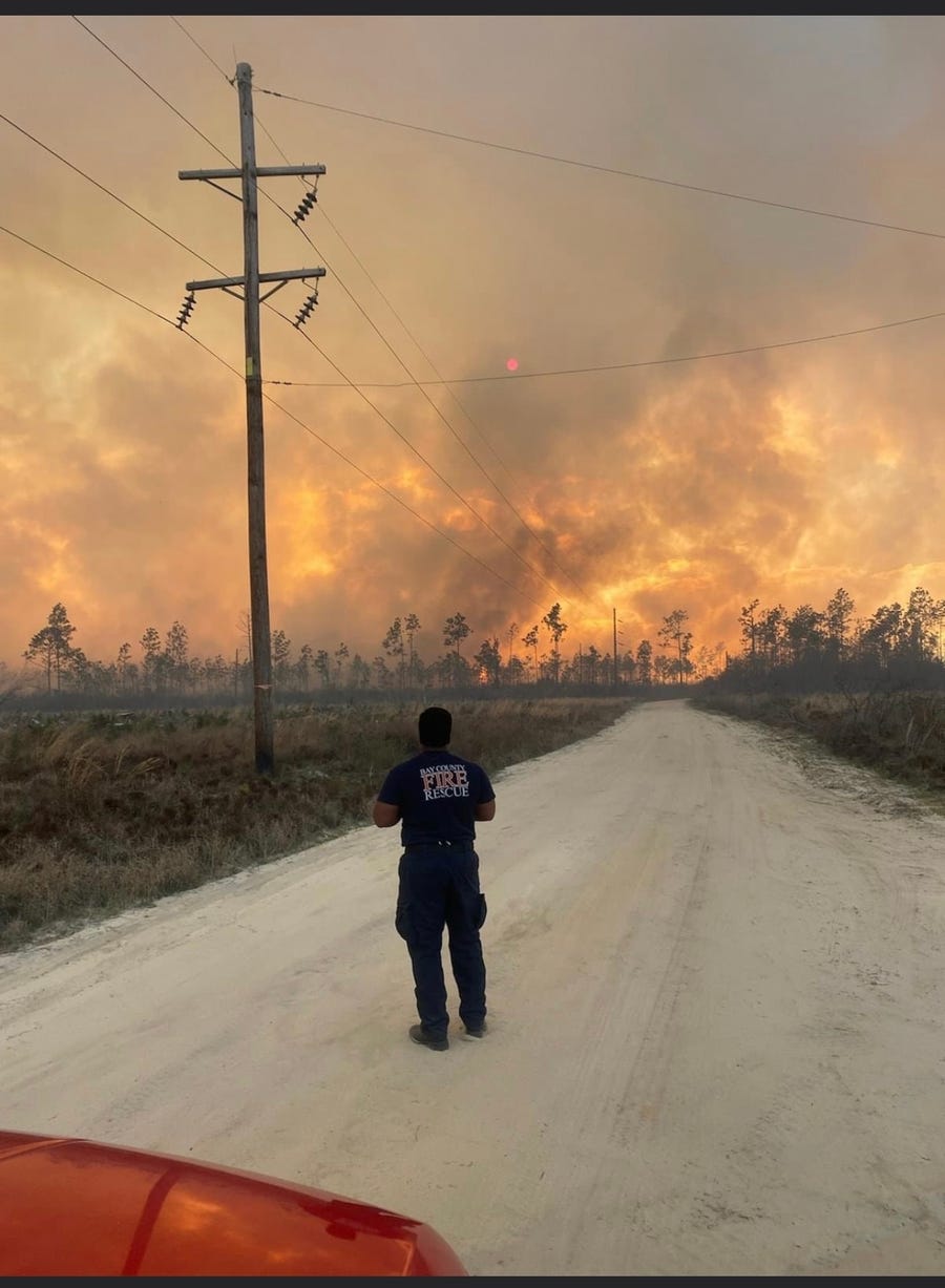 Bay County Fire Rescue crews confront the ominous Bertha Swamp Road Fire on March 5. The 8,000-acre fire started Friday in Gulf County.