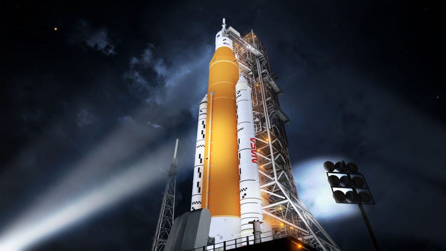 An illustration depicts NASA's Space Launch System (SLS) that will send astronauts to the moon on the Artemis missions.