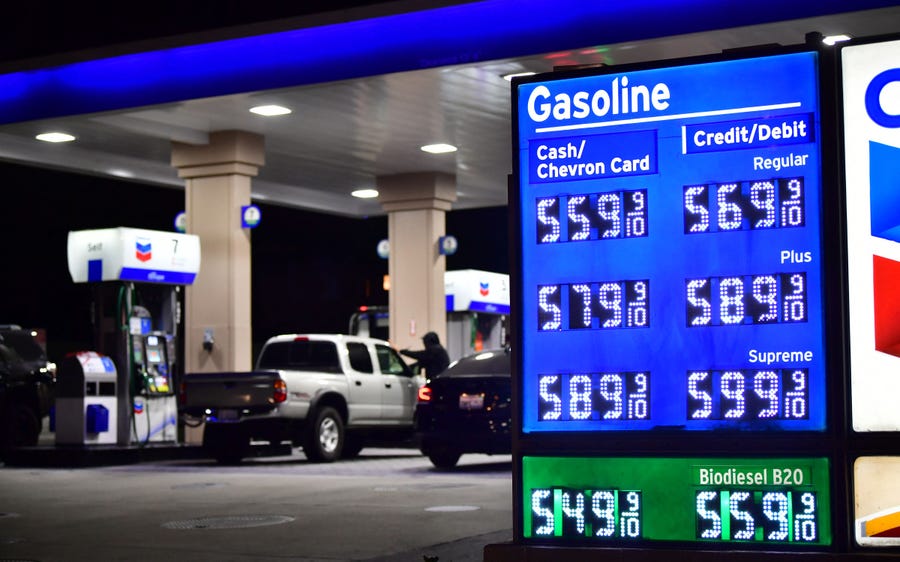 Prices for gas and diesel fuel, over $5 a gallon, are displayed at a petrol station in Los Angeles, California on March 4, 2022.