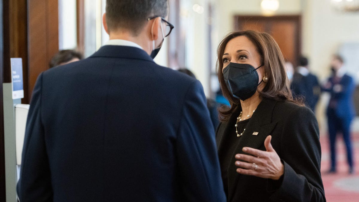 Vice President Kamala Harris speaks with Polish Prime Minister Mateusz Morawiecki prior to a meeting at the office of the Prime Minister of Poland in Warsaw, Poland, March 10, 2022.