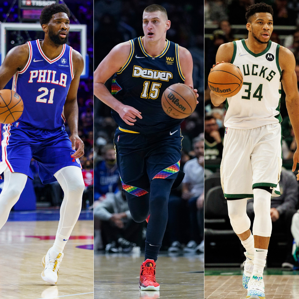 Leading MVP candidates Joel Embiid, Nikola Jokic and Giannis Antetokounmpo.