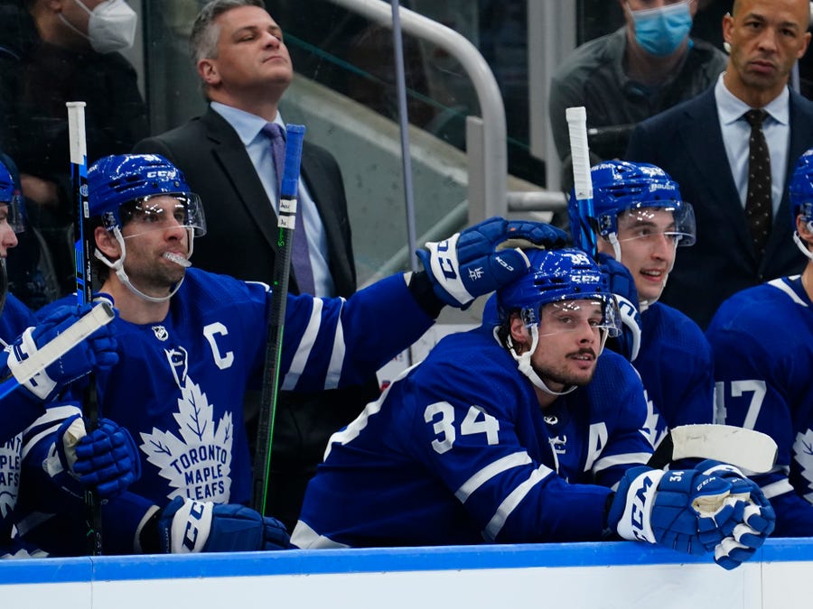 March 31: Toronto Maple Leafs forward John Tavares congratulates forward Auston Matthews after Matthews scored his 50th goal of the year during the third period against the Winnipeg Jets at Scotiabank Arena.