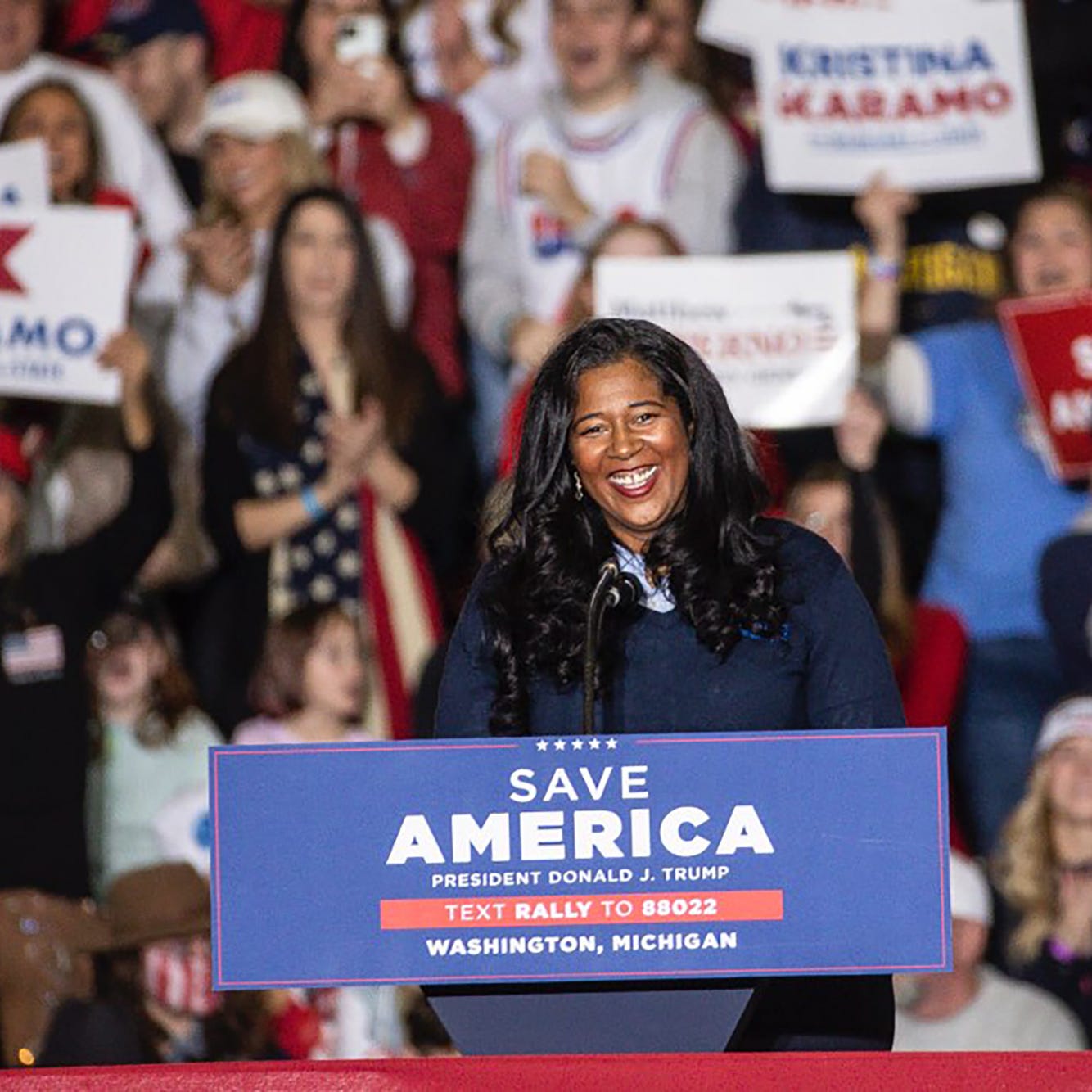 Kristina Karamo, Republican candidate for Michigan Secretary of State speaks at a Save America rally at the Michigan Stars Sports Center in Washington Township on April 2, 2022.