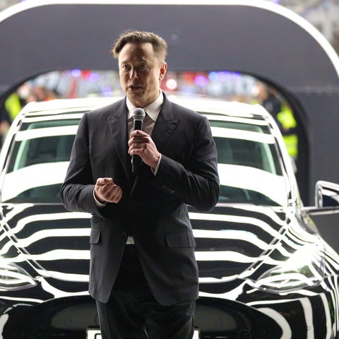 Tesla CEO Elon Musk speaks during the official ope