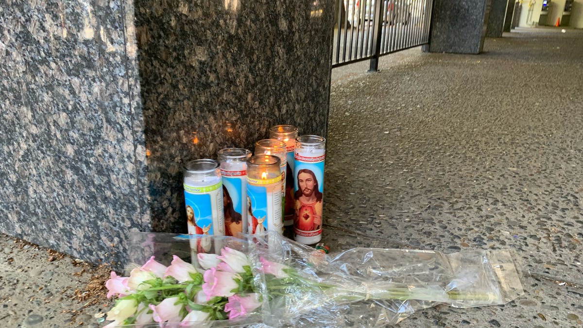 A small memorial near the scene of a mass shooting in downtown Sacramento. Six people were killed and a least a dozen injured in a shooting early Sunday.