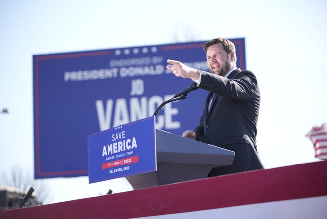U.S. Senate candidate J.D. Vance speaks at a Trump rally in Delaware in April.