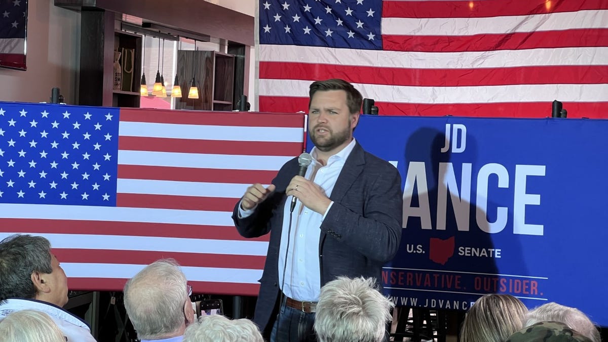 Venture capitalist and author J.D. Vance, who is running for Ohio's open U.S. Senate seat, speaks to voters on April 27 at Plum Run Winery/Grove City Brewing Company in Grove City, Ohio. Vance's support has surged since former President Donald Trump endorsed him earlier this month.