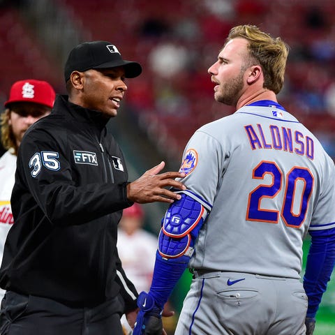 New York Mets designated hitter Pete Alonso reacts