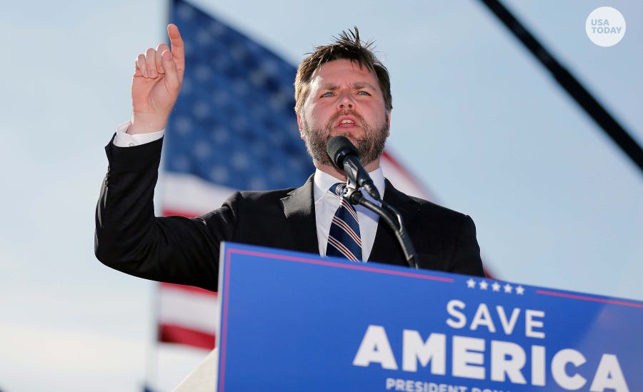 Republican Senate candidate J.D. Vance speaks at a rally at the Delaware County Fairgrounds, Saturday, April 23, 2022.