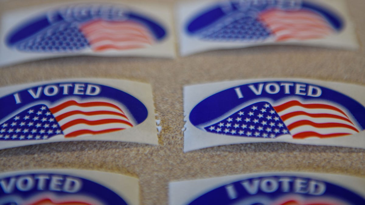 I voted stickers set on a table at a polling place on May 17, 2022 in Cary, North Carolina. A slow but steady stream of people began voting early Tuesday morning for the midterm primary elections in Wake County. 