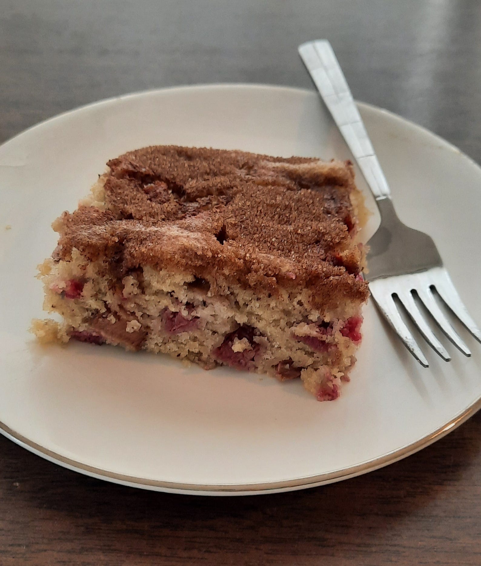 A piece of rhubarb cake, continuing a family tradition.