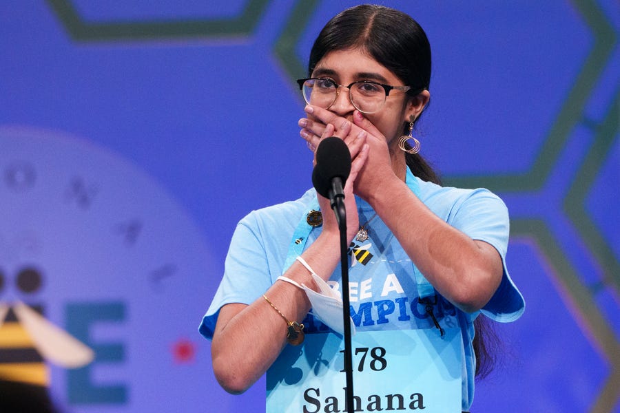 Sahana Srikanth of Mason Middle School reacts after advancing in the quarterfinals during the second day of the 2022 Scripps National Spelling Bee at National Harbor, Md. on June 1, 2022.