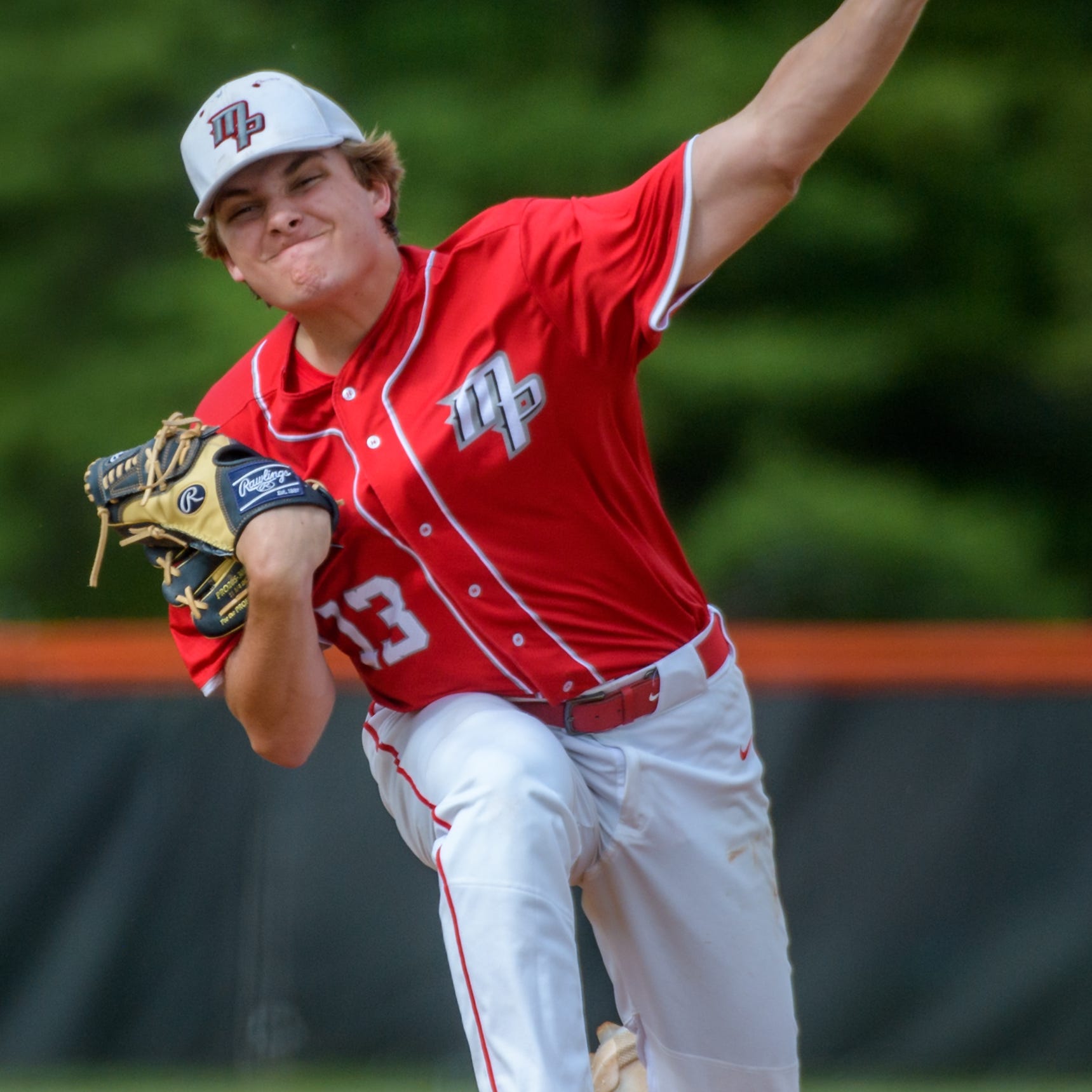 Morton pitcher Tate Roley throws hard against a Rock Island batter during the Class 3A baseball sectional semifinal Wednesday, June 1, 2022 at Brian Wisher Field in Washington. The Potters advanced to the sectional title game with a 15-1 victory in five innings. They'll face Washington for the sectional title at 11:00 a.m. Saturday in Washington.