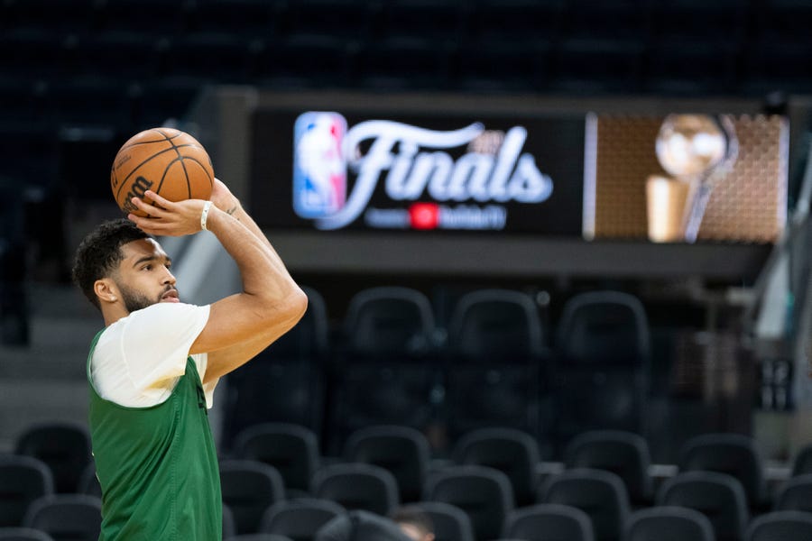 Boston Celtics forward Jayson Tatum (0) shoots the basketball during media day of the 2022 NBA Finals at Chase Center in San Francisco on June 1, 2022.