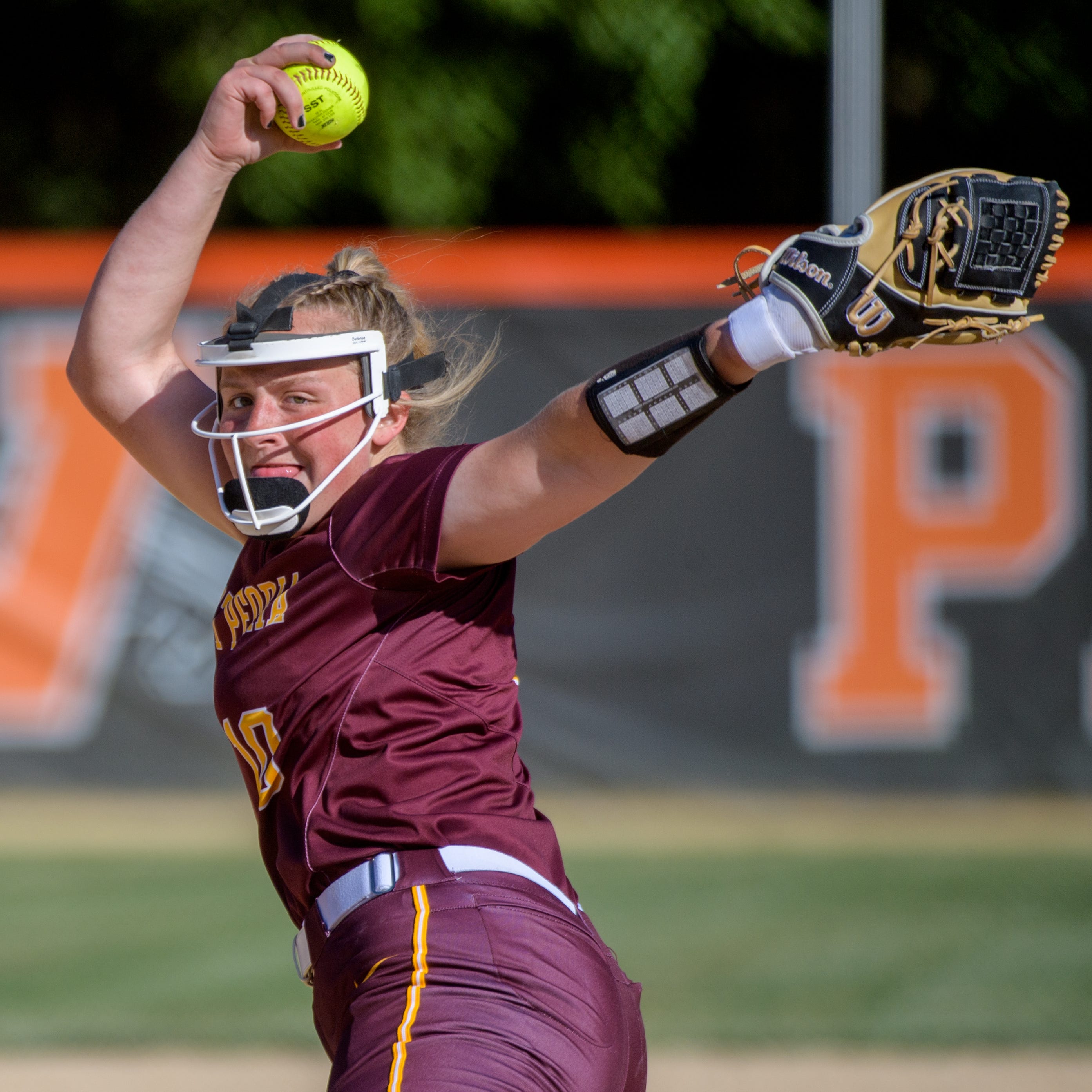 East Peoria pitcher Emily Compton winds up for a pitch against Metamora during their Class 3A state softball sectional title game Friday, June 3, 2022 at Jan Smith Field in Washington.