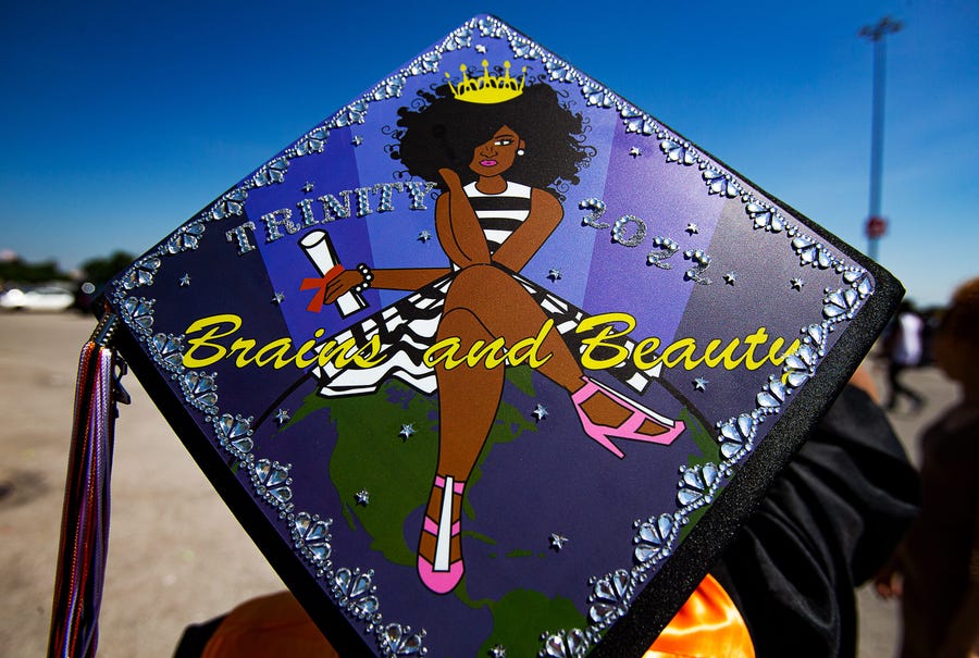 Trinity Richie, a Fern Creek high school 2022 graduate, sports her graduation cap that was decorated with a message of confidence at Broadbent Arena on May 31, 2022 in Louisville.