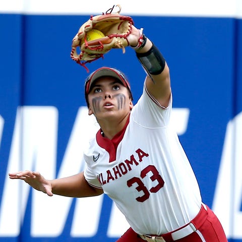 Oklahoma's Alyssa Brito catches a fly ball in the 