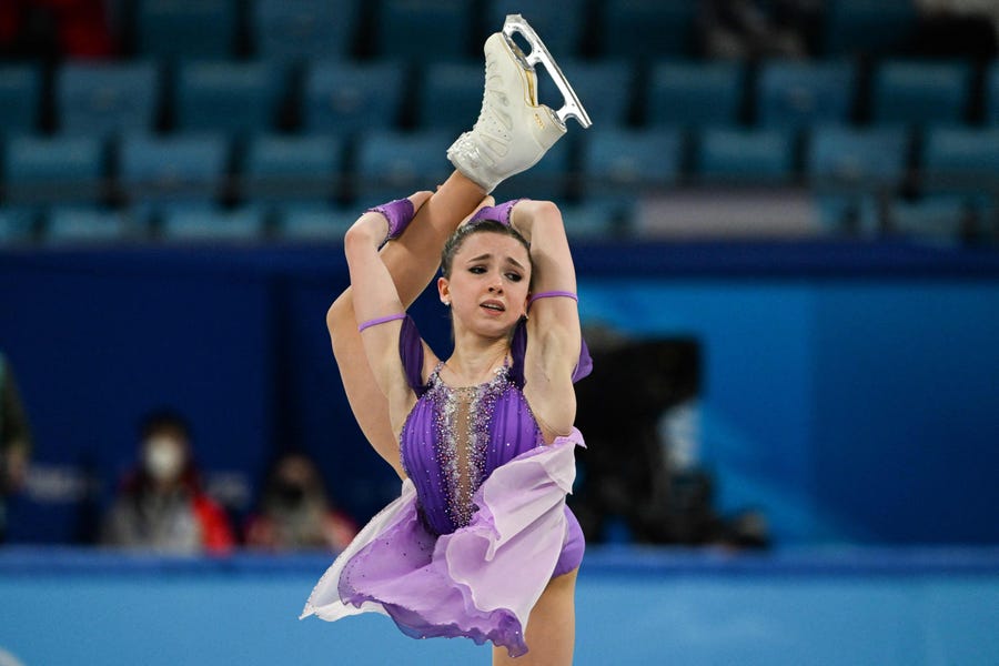 Russia's Kamila Valieva competes on Feb. 6, 2022 in the women's single skating short program of the figure skating team event during the Beijing 2022 Winter Olympic Games at the Capital Indoor Stadium in Beijing.