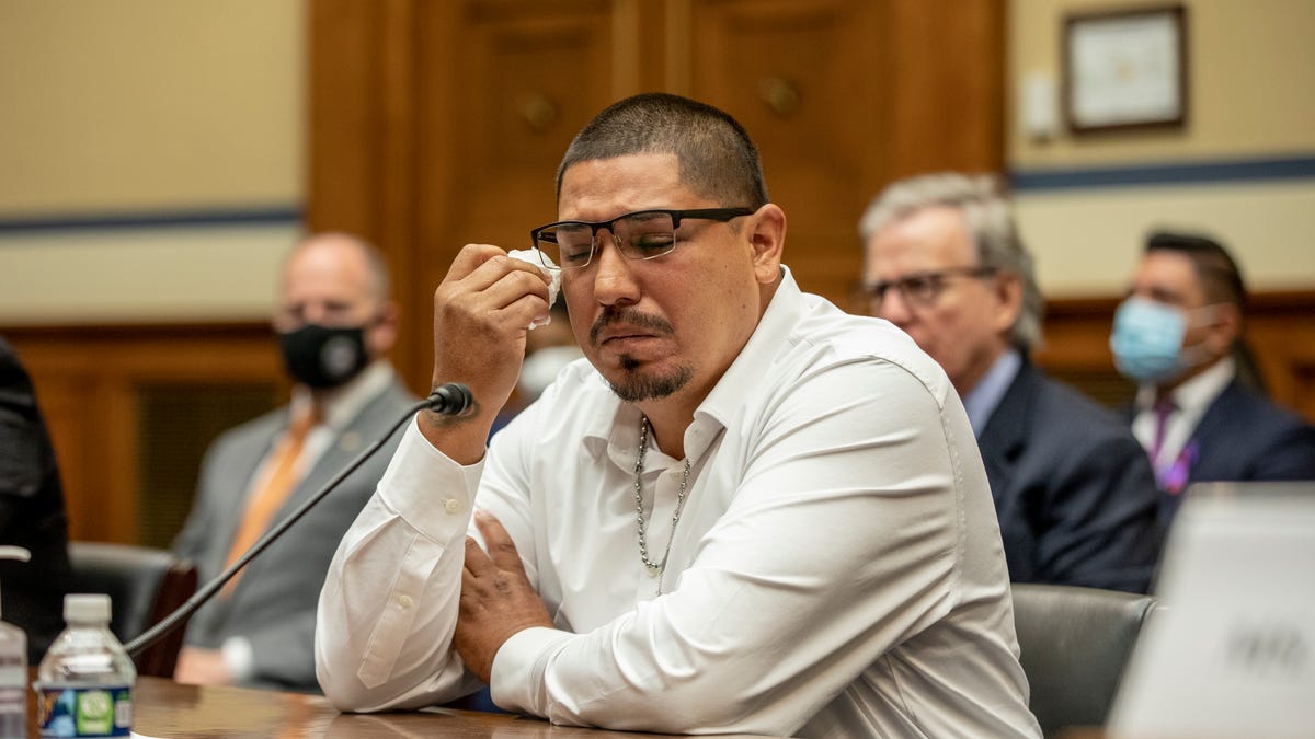 Miguel Cerrillo, father of Miah Cerrillo, a fourth-grade student at Robb Elementary School in Uvalde, Texas, testifies during the House Oversight and Reform Committee hearing with family members and survivors of the Buffalo, New York and Uvalde, Texas massacres on June 8, 2022 on Capitol Hill in Washington, DC.